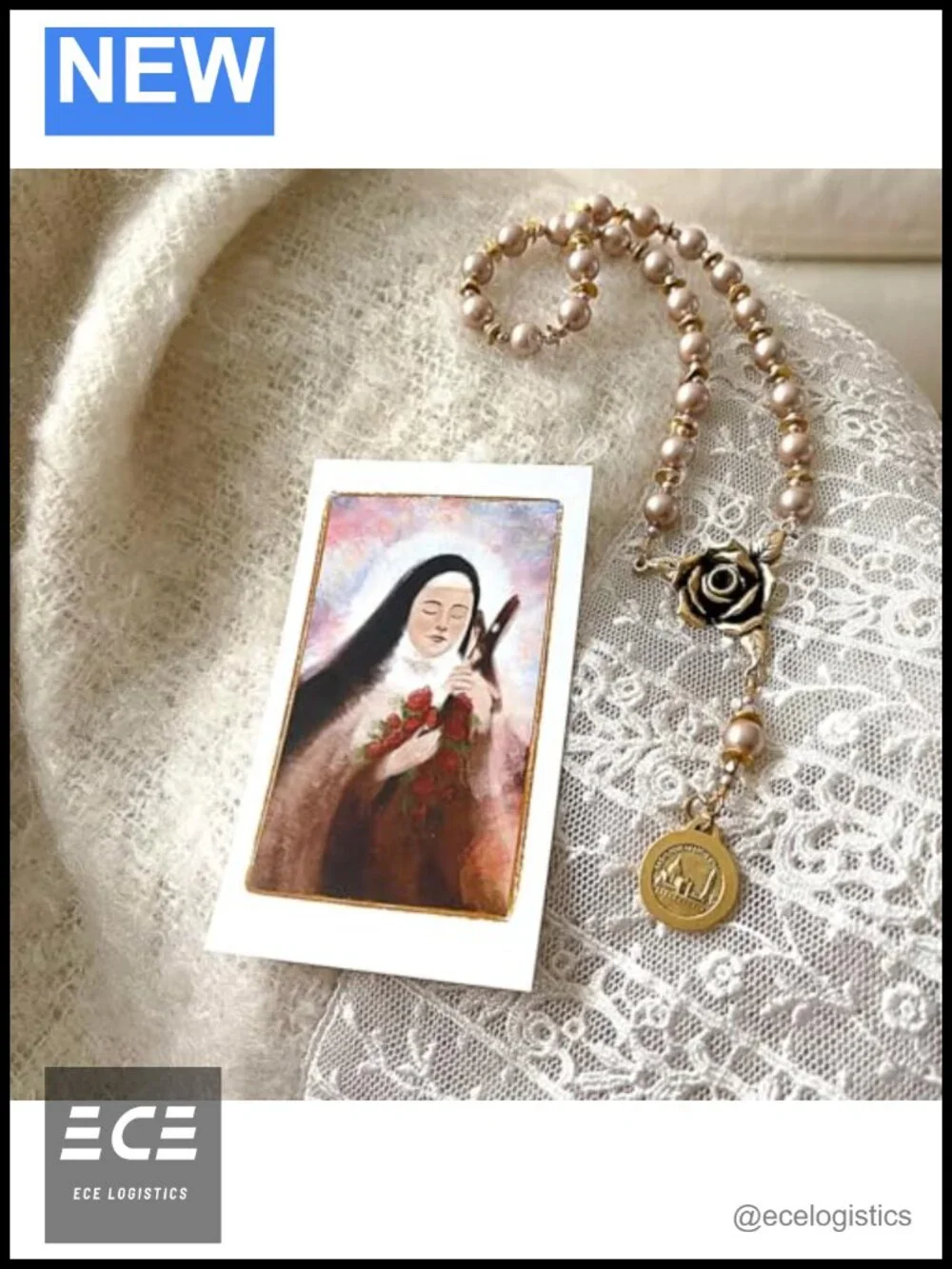 Handmade Glass Pearl Rosary Chaplet St Therese Prayer Beads with Medal & Card
